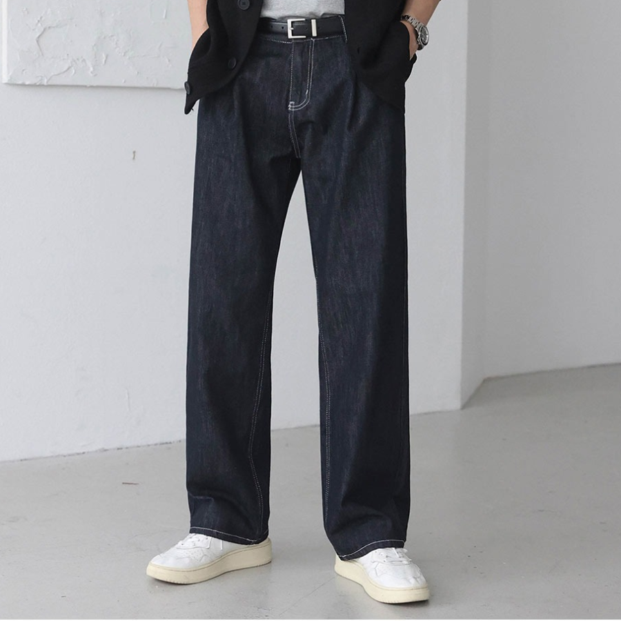 Pin-Tuck Semi-Wide Non-Fade Raw Denim Pants