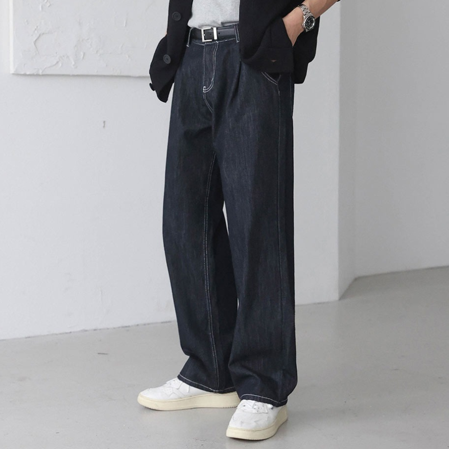 Pin-Tuck Semi-Wide Non-Fade Raw Denim Pants