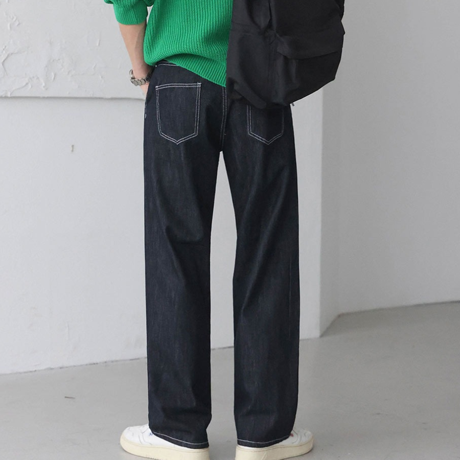 Pin-Tuck Semi-Wide Non-Fade Raw Denim Pants