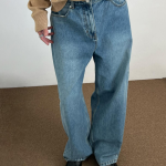Bleach-Wash Maxi Long Wide Straight-Fit Denim Pants