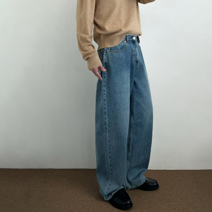 Bleach-Wash Maxi Long Wide Straight-Fit Denim Pants