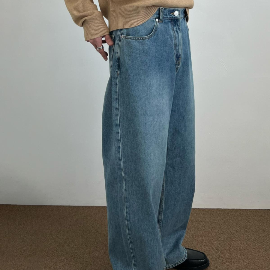 Bleach-Wash Maxi Long Wide Straight-Fit Denim Pants