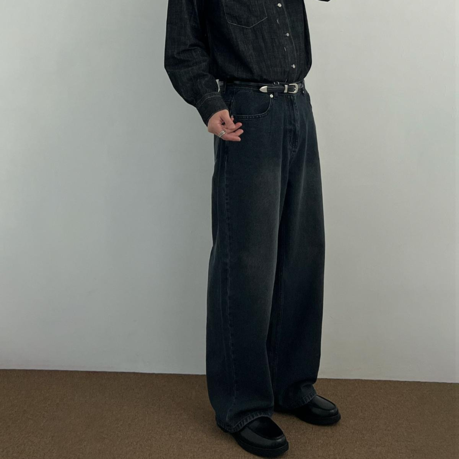 Bleach-Wash Maxi Long Wide Straight-Fit Denim Pants