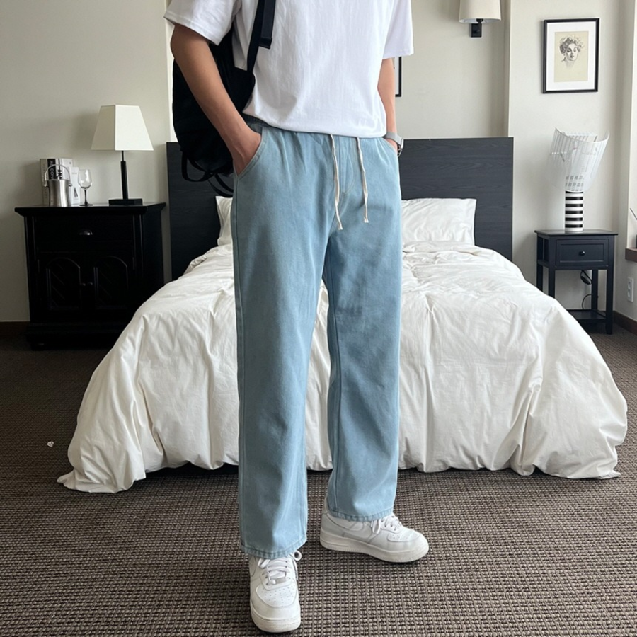 Unisex Banding Wide Light & Dark Blue Denim Pants