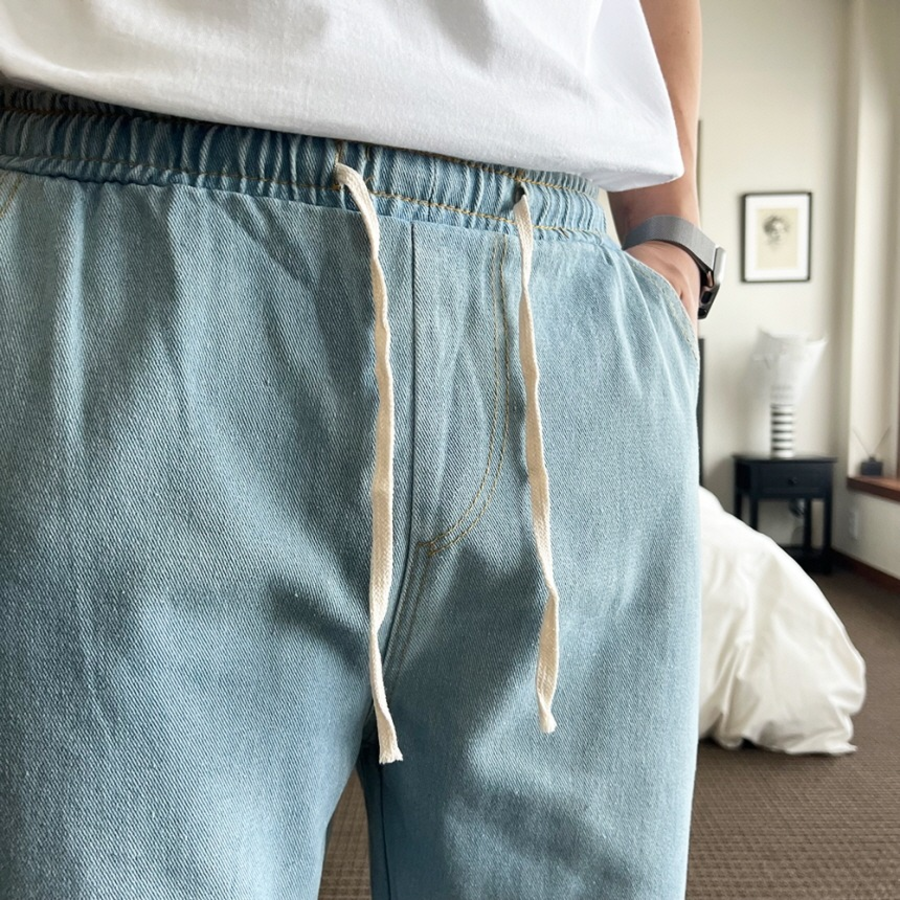 Unisex Banding Wide Light & Dark Blue Denim Pants