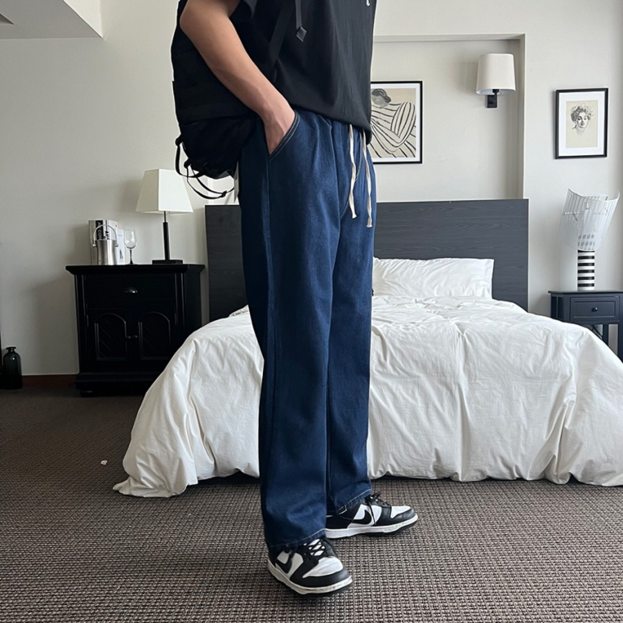 Unisex Banding Wide Light & Dark Blue Denim Pants