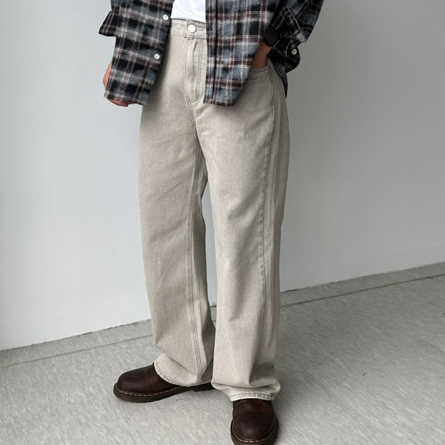 Gray Vintage Washing Wide Denim Pants