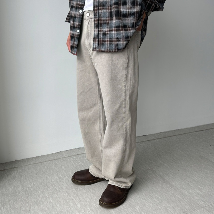 Gray Vintage Washing Wide Denim Pants