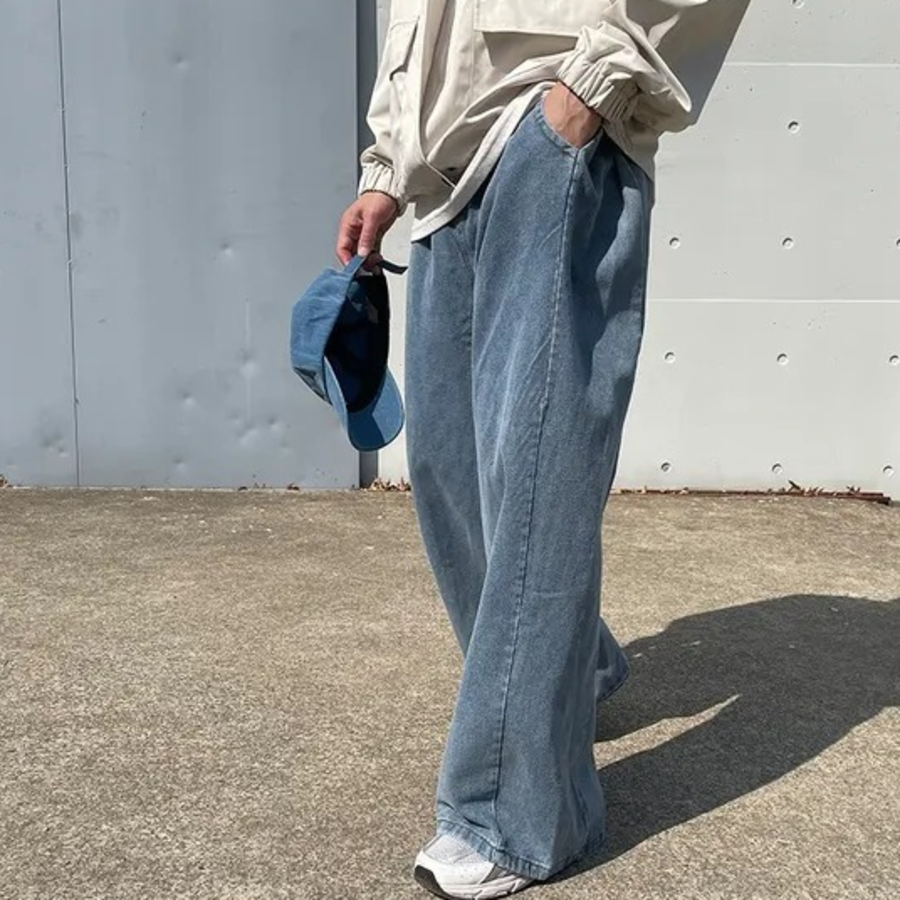 Mega Wide Side-Slit Banding Denim Pants