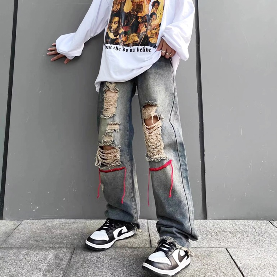 Rownt Color Line Embroidered Vintage Washed Denim Pants