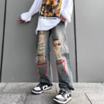 Rownt Color Line Embroidered Vintage Washed Denim Pants