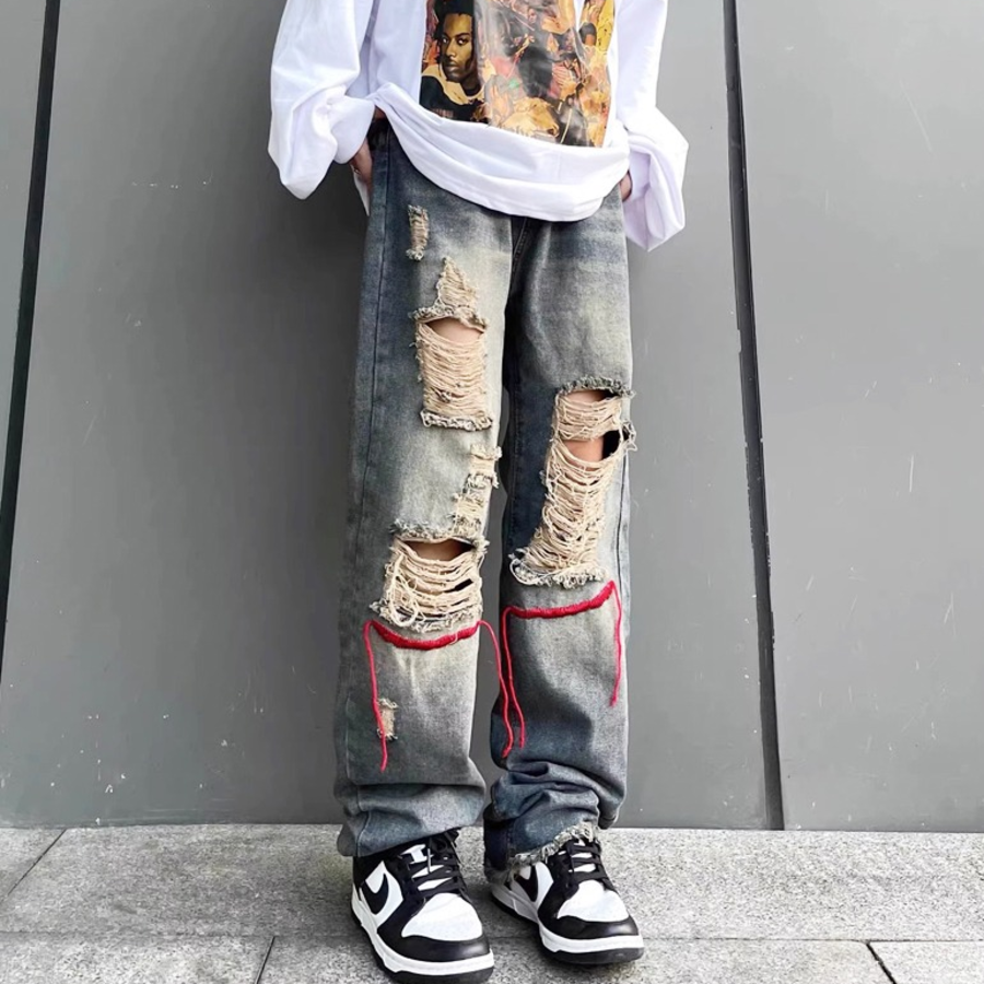 Rownt Color Line Embroidered Vintage Washed Denim Pants