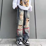 Rownt Color Line Embroidered Vintage Washed Denim Pants