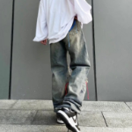 Rownt Color Line Embroidered Vintage Washed Denim Pants