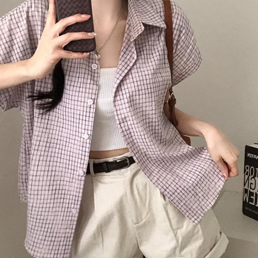 Pi – рубашка Rolled-Sleeve Vintage Check Loose-Fit Short-Sleeve Shirt