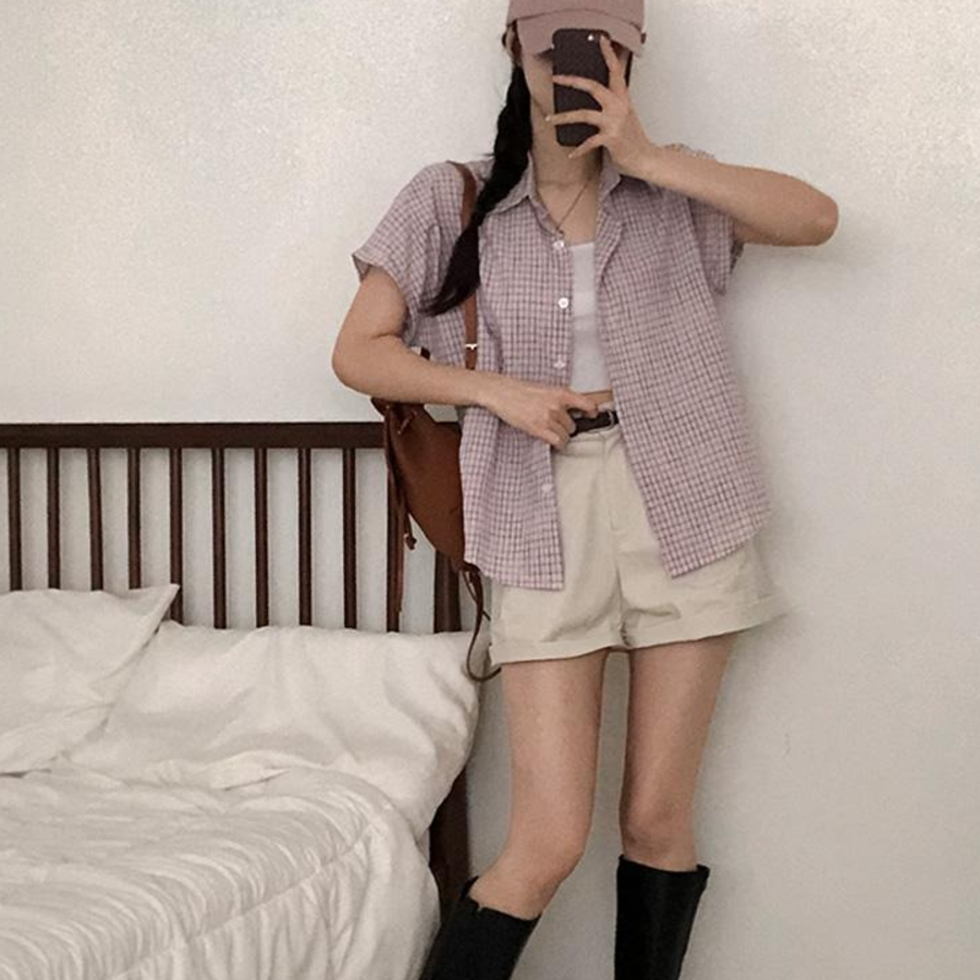 Pi – рубашка Rolled-Sleeve Vintage Check Loose-Fit Short-Sleeve Shirt