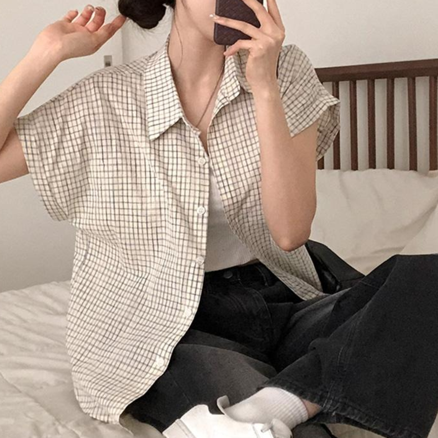 Pi – рубашка Rolled-Sleeve Vintage Check Loose-Fit Short-Sleeve Shirt