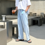 Ice Cool Linen Pintuck Hidden Banding Big Size Wide Denim Pants