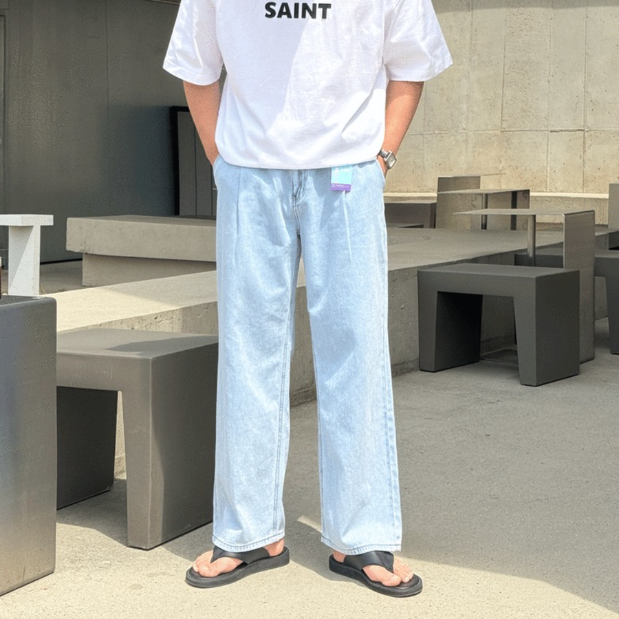 Ice Cool Linen Pintuck Hidden Banding Big Size Wide Denim Pants