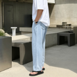 Ice Cool Linen Pintuck Hidden Banding Big Size Wide Denim Pants