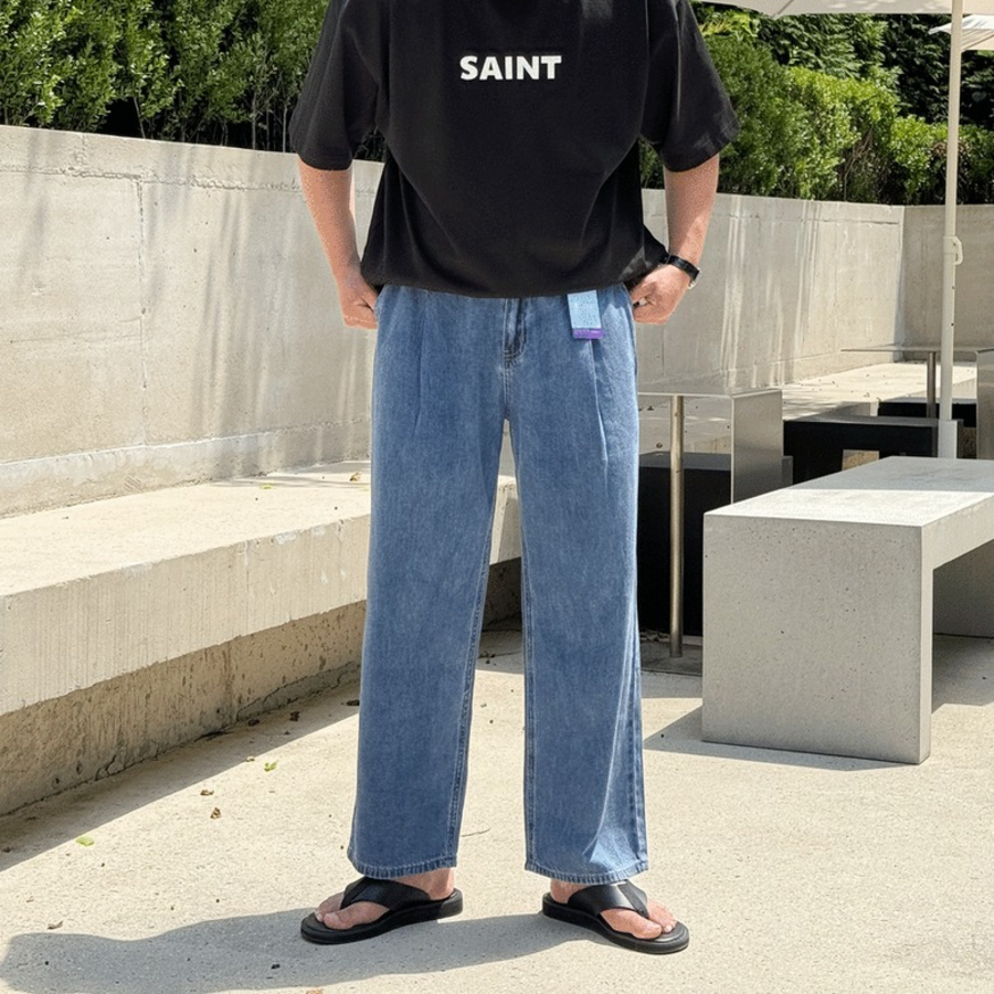 Ice Cool Linen Pintuck Hidden Banding Big Size Wide Denim Pants