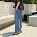 Ice Cool Linen Pintuck Hidden Banding Big Size Wide Denim Pants