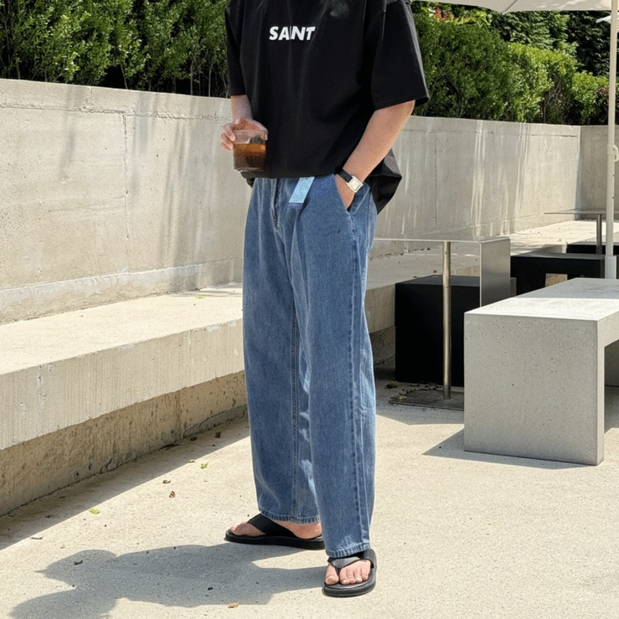 Ice Cool Linen Pintuck Hidden Banding Big Size Wide Denim Pants