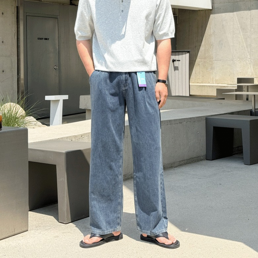 Ice Cool Linen Pintuck Hidden Banding Big Size Wide Denim Pants