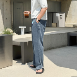 Ice Cool Linen Pintuck Hidden Banding Big Size Wide Denim Pants