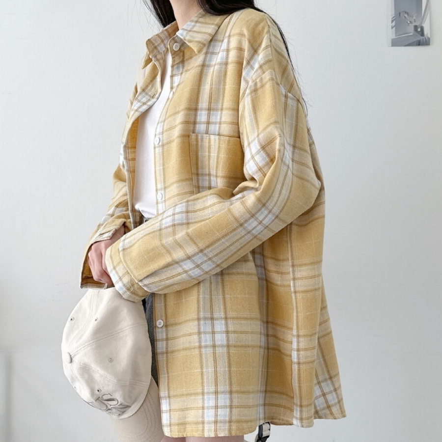 Unisex Oversized Vintage Check Balloon Long Sleeve Shirt