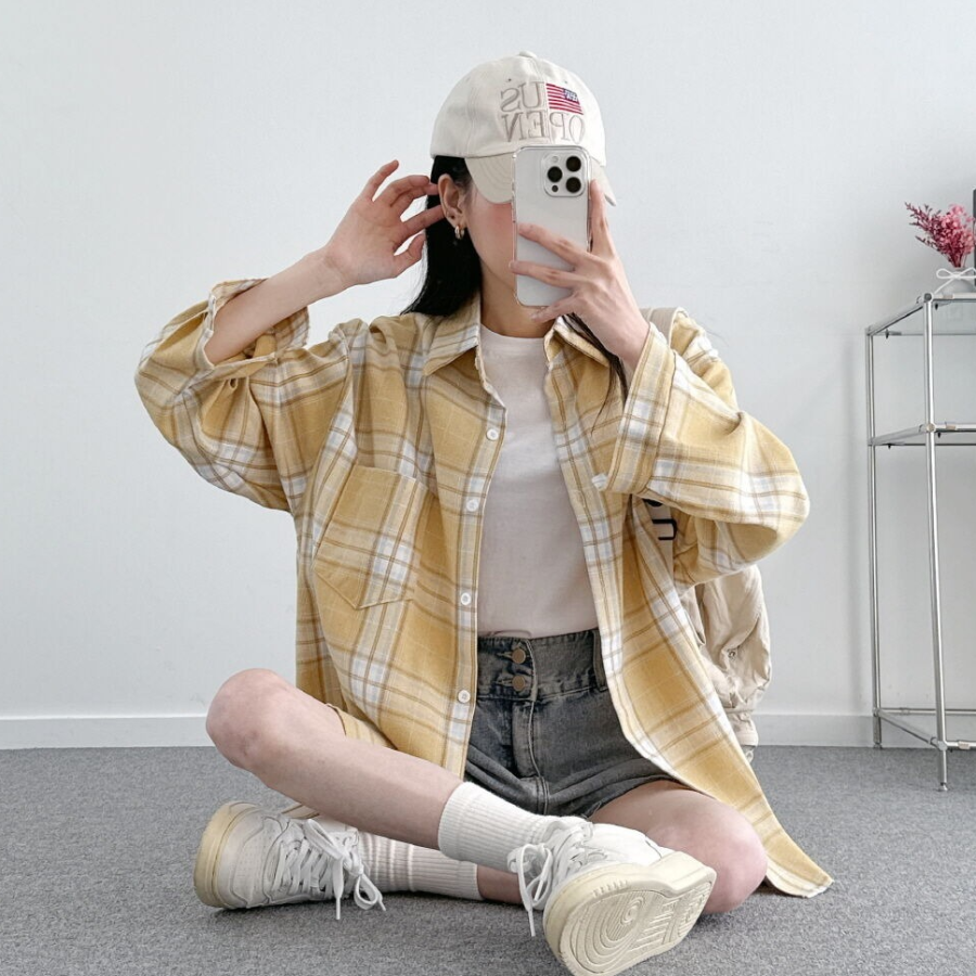 Unisex Oversized Vintage Check Balloon Long Sleeve Shirt