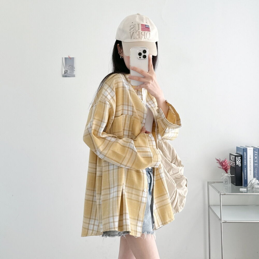Unisex Oversized Vintage Check Balloon Long Sleeve Shirt