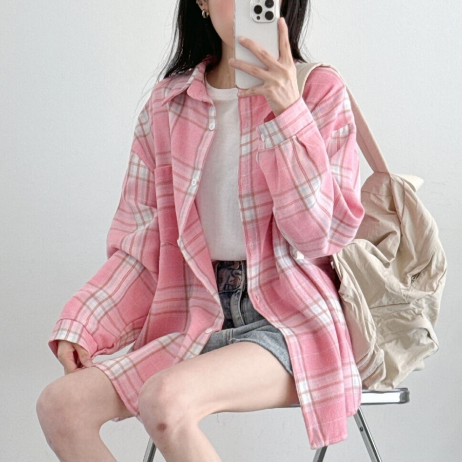 Unisex Oversized Vintage Check Balloon Long Sleeve Shirt