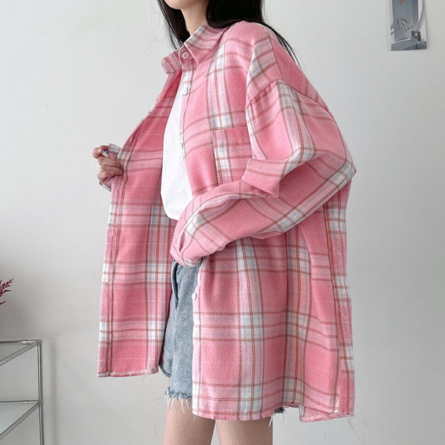 Unisex Oversized Vintage Check Balloon Long Sleeve Shirt