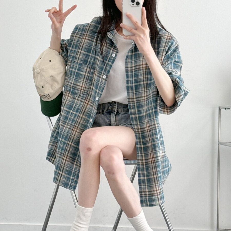 Unisex Oversized Vintage Check Balloon Long Sleeve Shirt