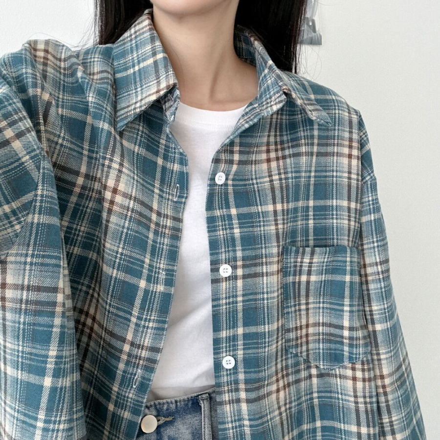 Unisex Oversized Vintage Check Balloon Long Sleeve Shirt