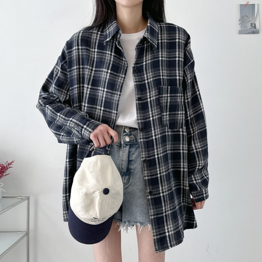 Unisex Oversized Vintage Check Balloon Long Sleeve Shirt