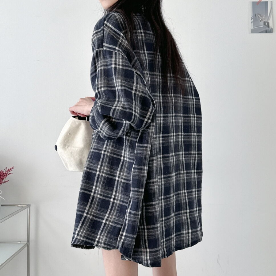 Unisex Oversized Vintage Check Balloon Long Sleeve Shirt