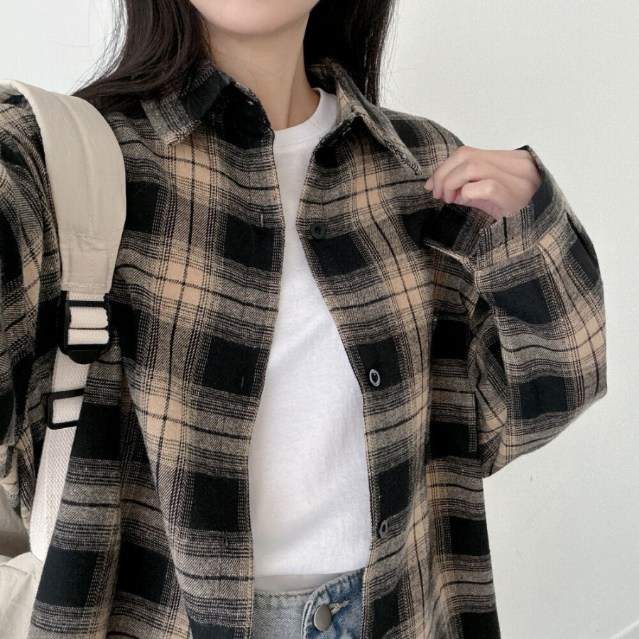 Unisex Oversized Vintage Check Balloon Long Sleeve Shirt