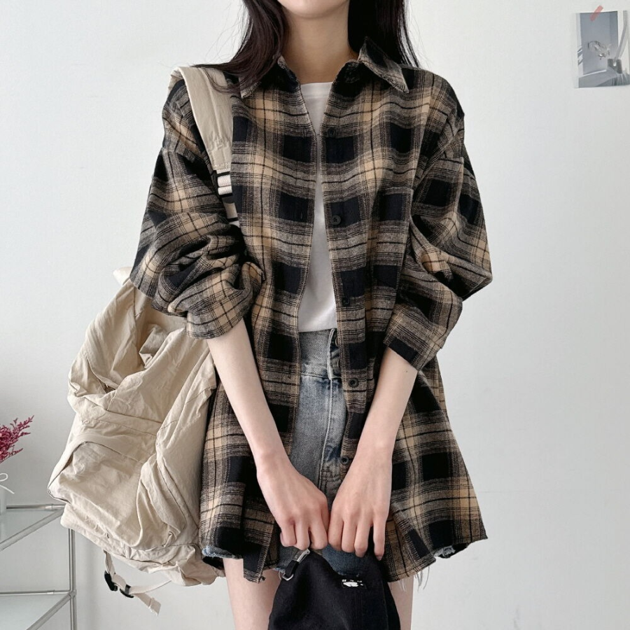Unisex Oversized Vintage Check Balloon Long Sleeve Shirt