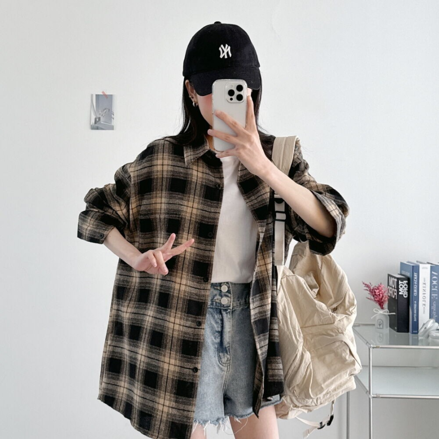 Unisex Oversized Vintage Check Balloon Long Sleeve Shirt