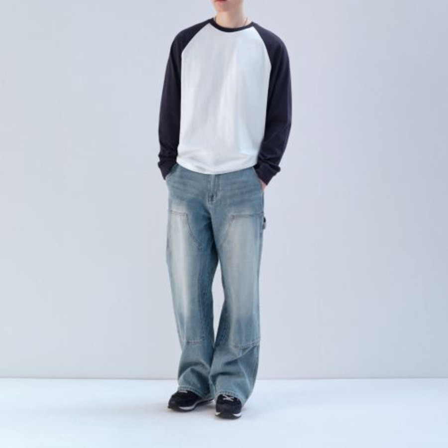 Relaxed Rib Cuffs Raglan Long Sleeve T-shirt [White/Navy]