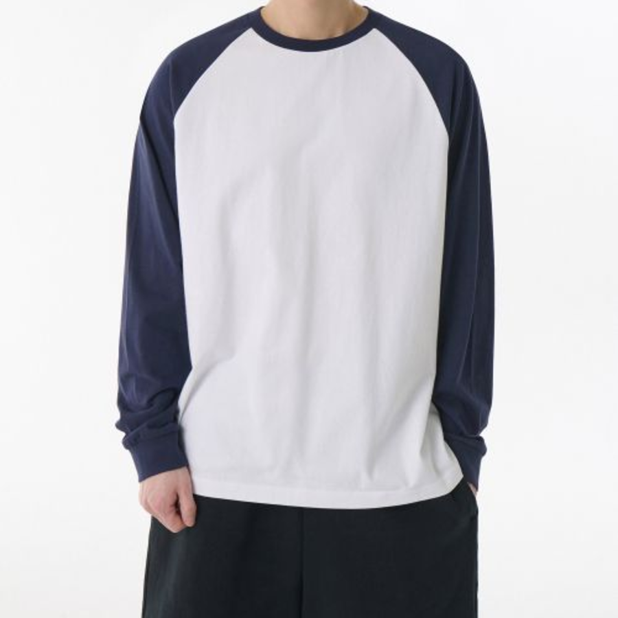 Relaxed Rib Cuffs Raglan Long Sleeve T-shirt [White/Navy]