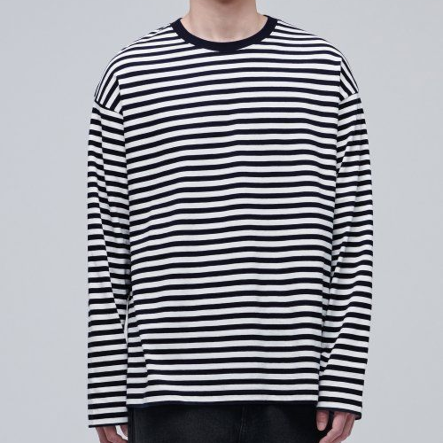 Stripe Relaxed Crew Neck Long Sleeve T-shirt [Black]