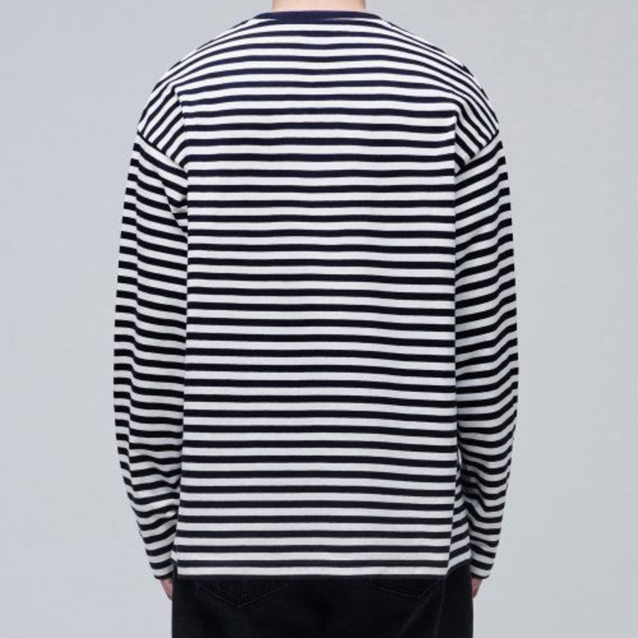 Stripe Relaxed Crew Neck Long Sleeve T-shirt [Black]