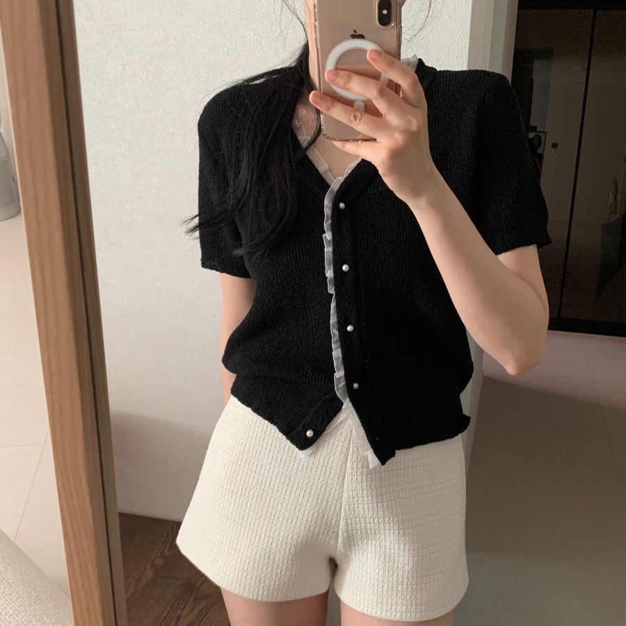 Bell Lace Pearl Short-Sleeve Cardigan