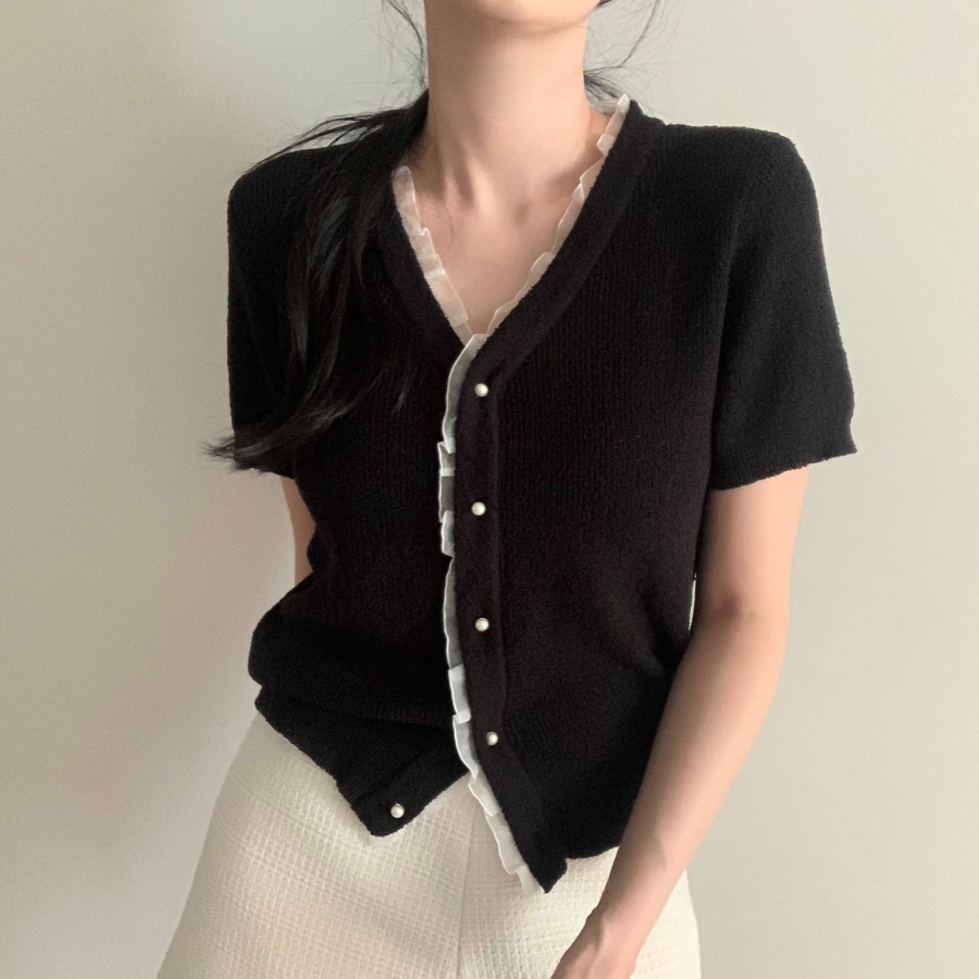 Bell Lace Pearl Short-Sleeve Cardigan