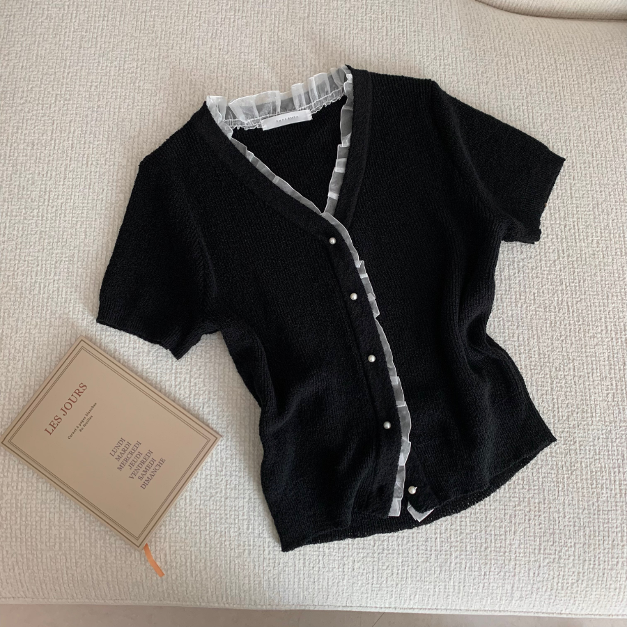 Bell Lace Pearl Short-Sleeve Cardigan