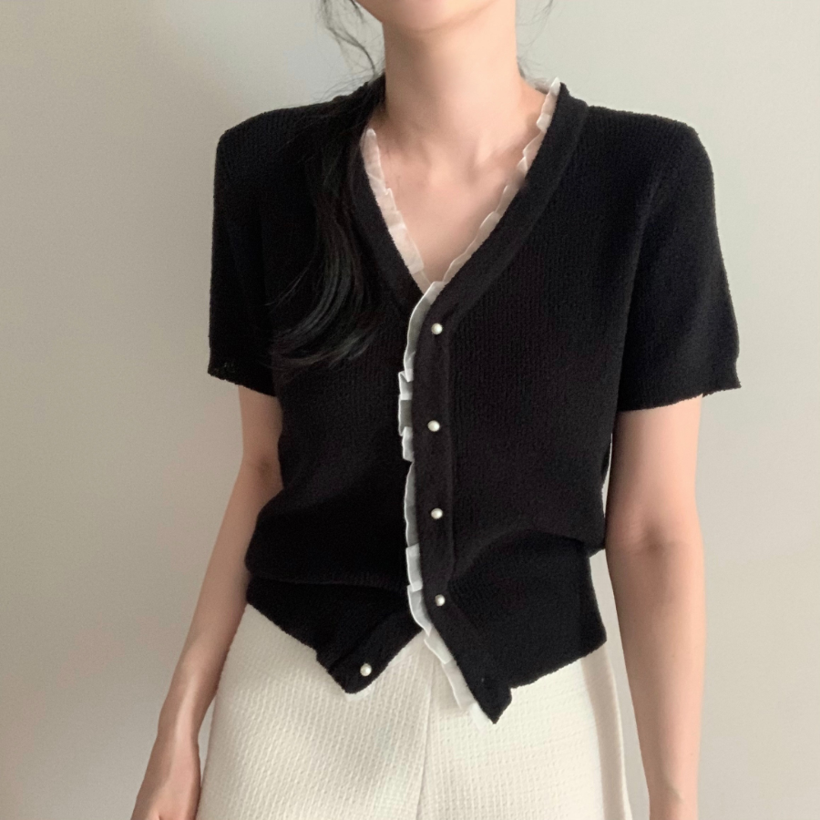 Bell Lace Pearl Short-Sleeve Cardigan