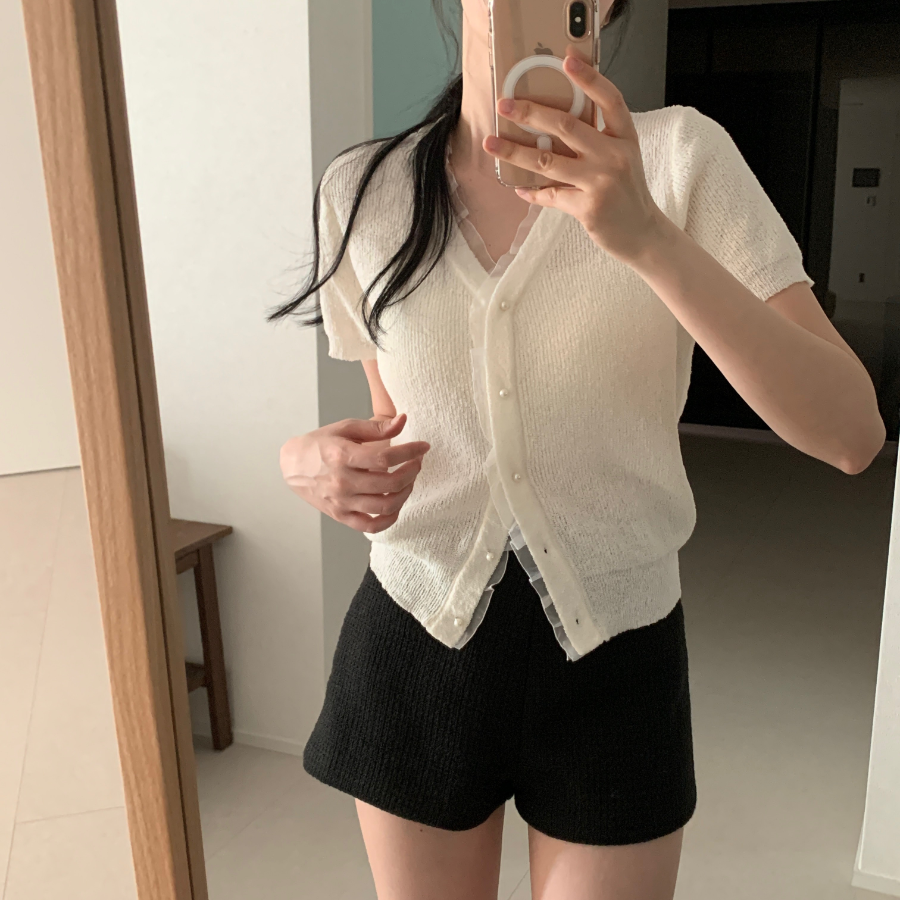 Bell Lace Pearl Short-Sleeve Cardigan